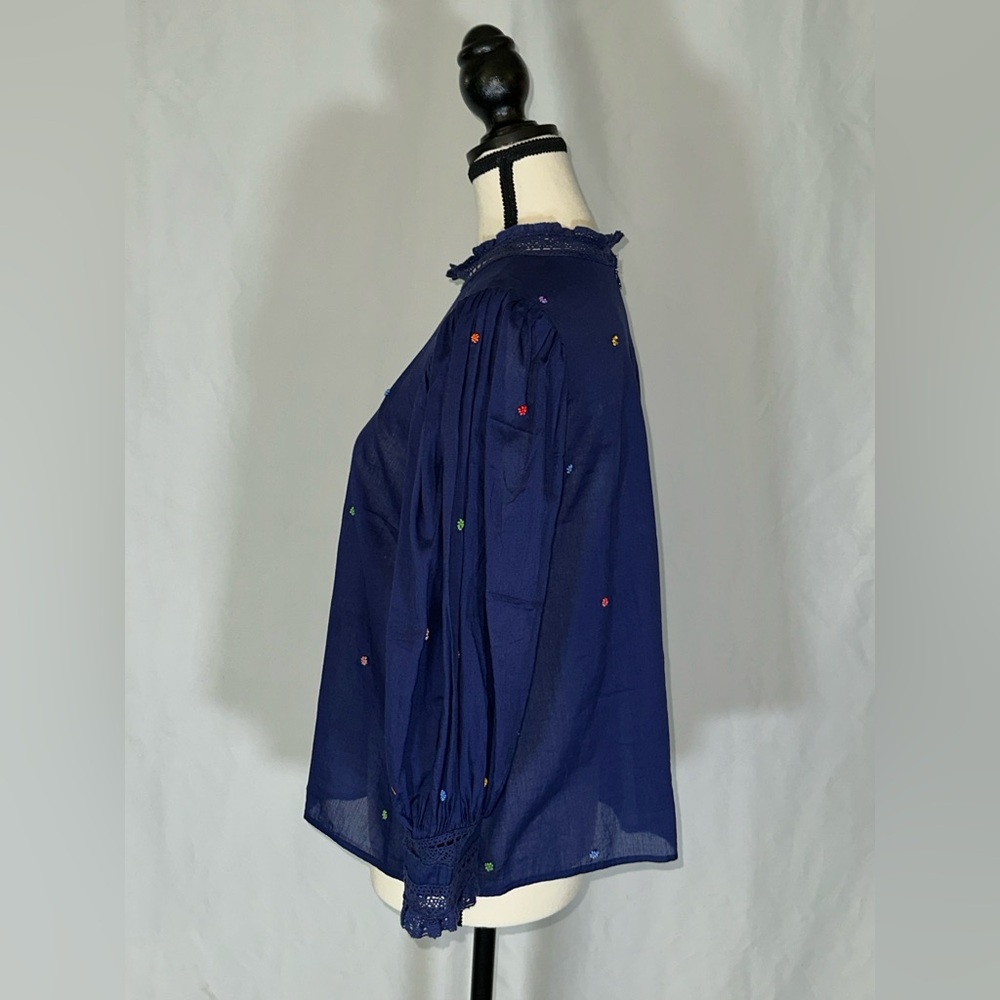 Farm Rio Embroidered Beaded Flowers Blouse With Puff Sleeves Women’s Size Lg - Picture 5 of 12